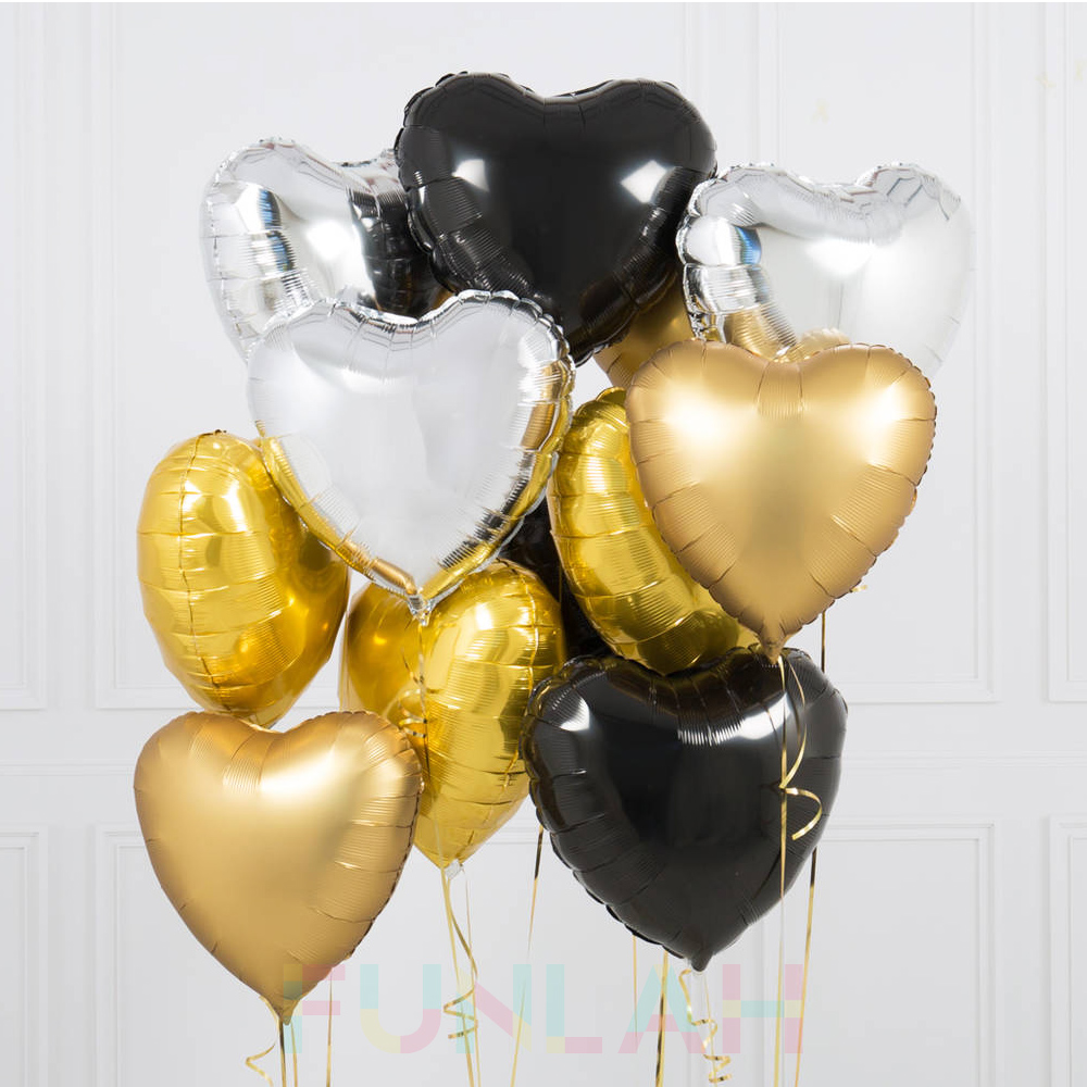 FUnlah balloon cluster hearts mix gold black silver