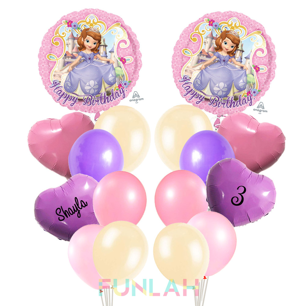 Balloon double cluster princess sophia foil balloons with hearts