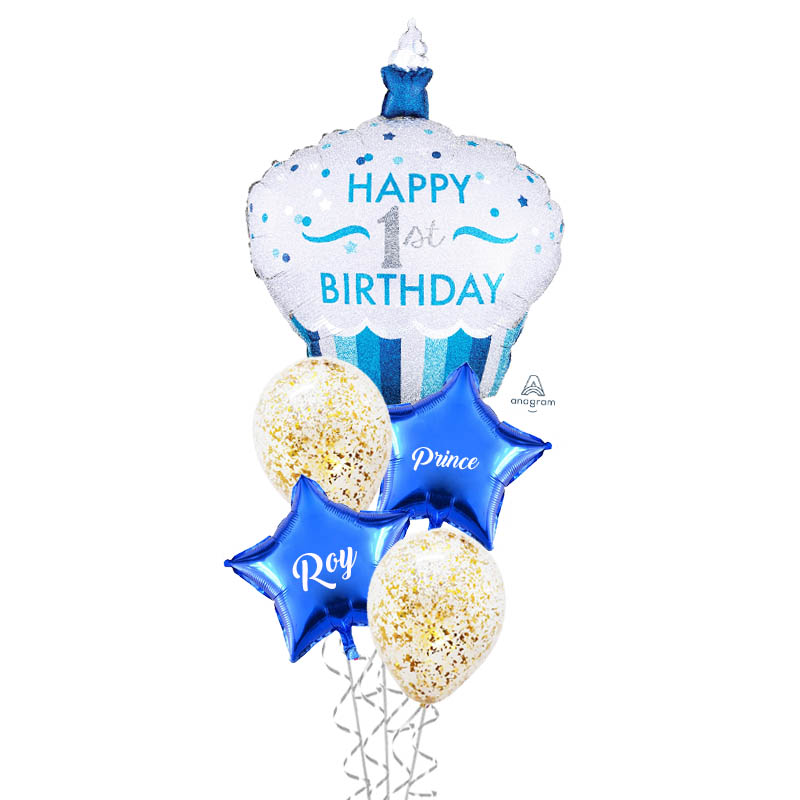 1st birthday blue cupcake balloon bouquet
