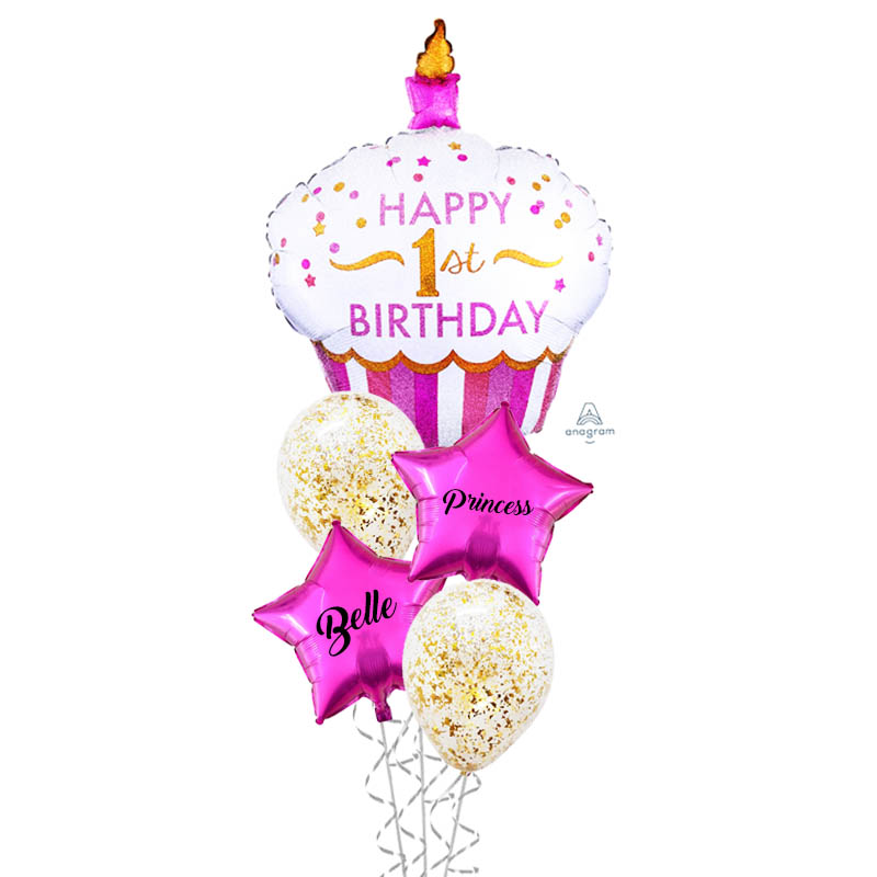 Happy 1st Birthday Pink Cupcake Balloon Bouquet