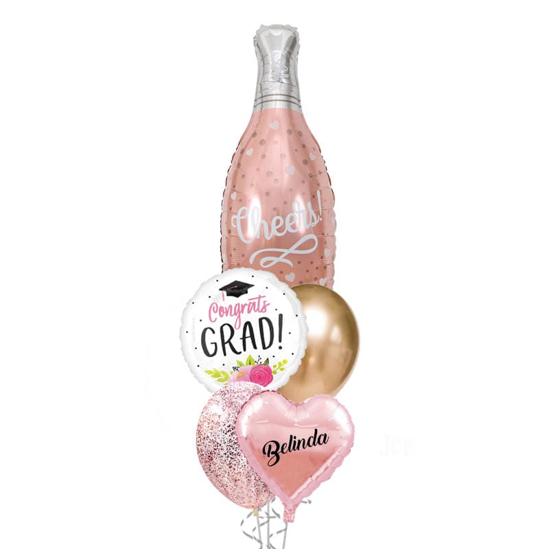 graduation rose gold champagne cheers globe bouquet